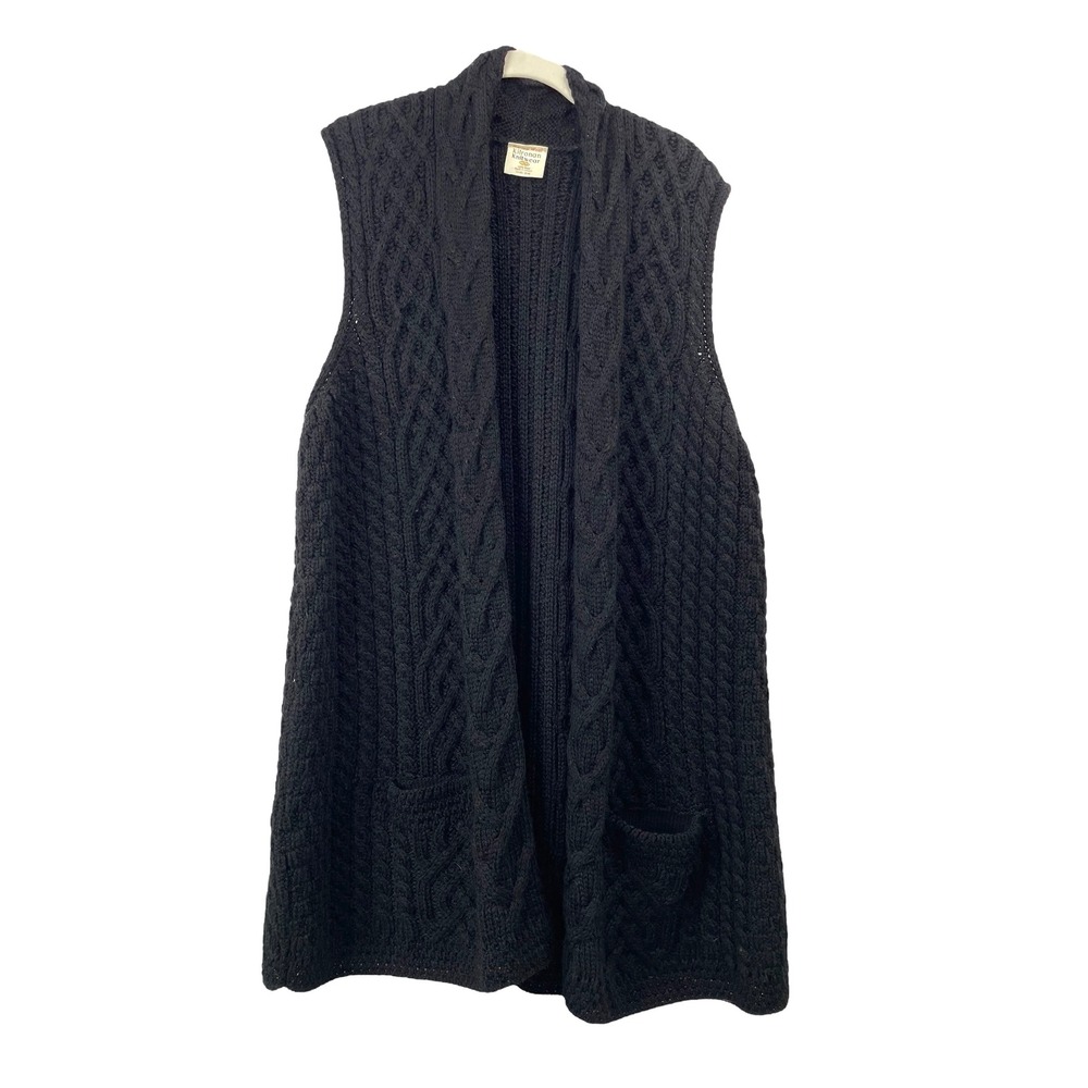 Kilronan 100% wool cable knit‎ long vest Size L black made in Ireland boho